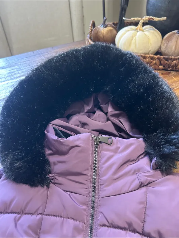 Long Quilted Purple Puffer Coat with Faux Fur Hood - Image 5