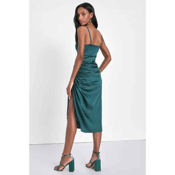 NWT - Lulus Bonafide Babe Emerald Satin Sleeveless Ruched Midi Dress!- Size S - Image 2
