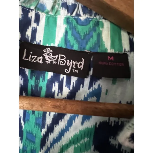 Liza Byrd Womens M Turquoise Navy Blue Print Long Sleeve boho tunic top Ikat - Image 3