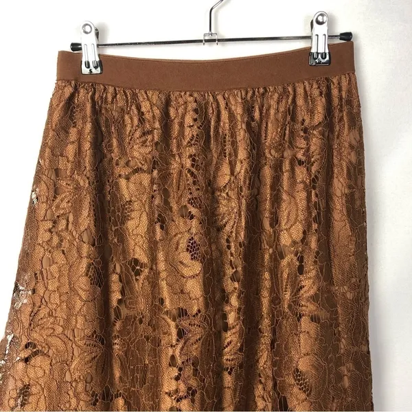 Boutique Brown Lace High Waist A-Line Midi Skirt 4‎ - Image 4