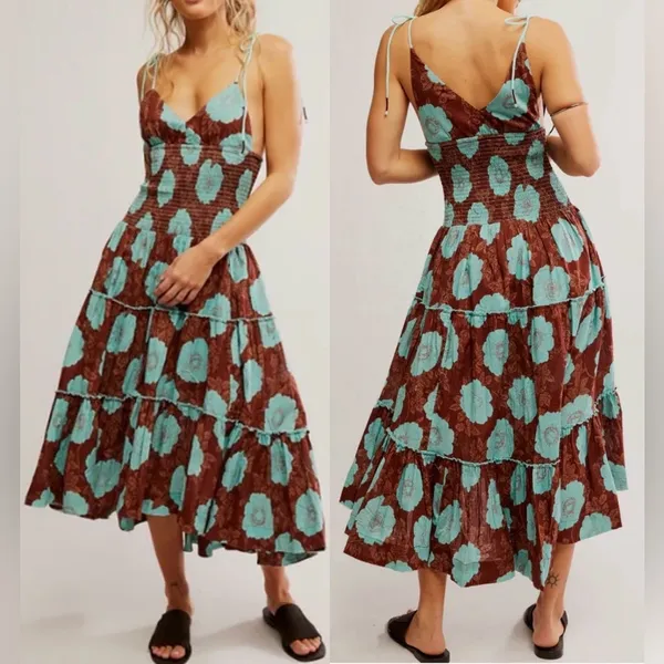 NEW Free People adriel floral print knee length cami dress in nutmeg sz M - Image 2