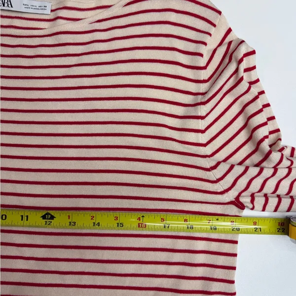 Zara women's viscose ecru and red striped long sleeve knit sweater size L - Image 5