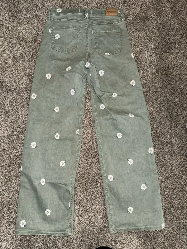 Abercrombie Kids High Rise Wide Leg Daisy Embroidered Green Jeans - Image 2