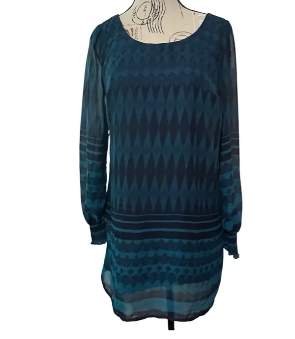 Love Fire Womens Small Dress Teal Navy Blue Sheer Overlay Long Sleeve Tunic - Image 3