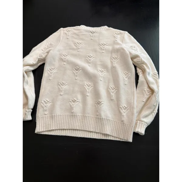 LOFT Womens Cream Textured Bobble Pointelle Knit Crewneck Sweater‎ Ivory Small - Image 5