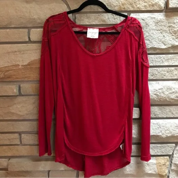 Free People Gatsby Top Embroidered Mesh Maroon Red Medium - Image 4