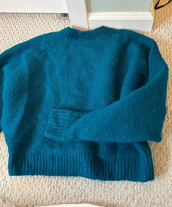 H&M Dark Green Blue Teal Fuzzy Cotton Crewneck Sweater - Image 3