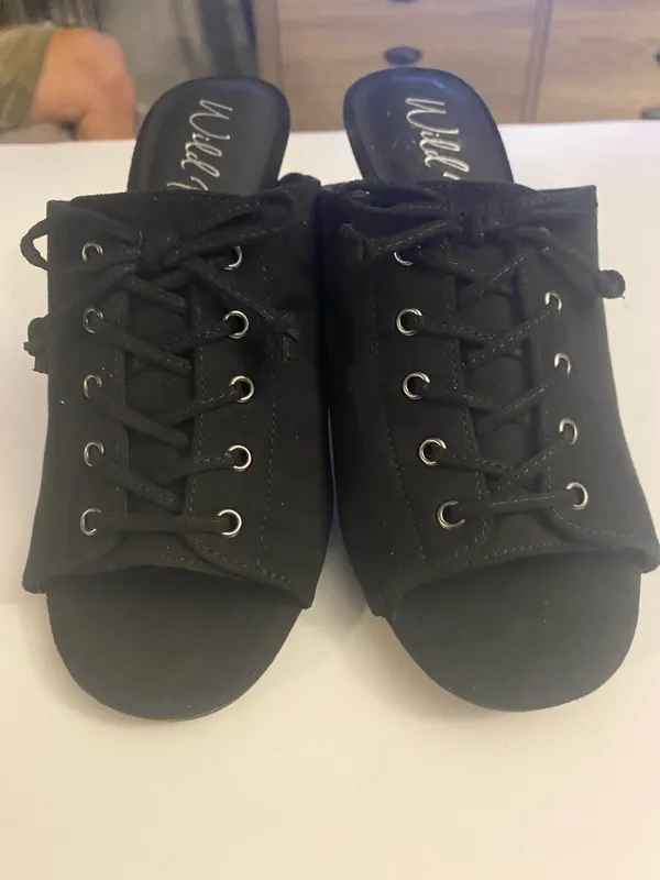 NW Diva Black Lace-Up Open-Back Mule Heels - Image 11