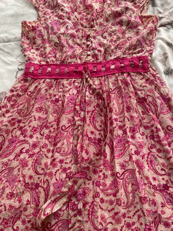 Floral Pink Beige Barbiecore High Waist Cotton Dress, size M - Image 7