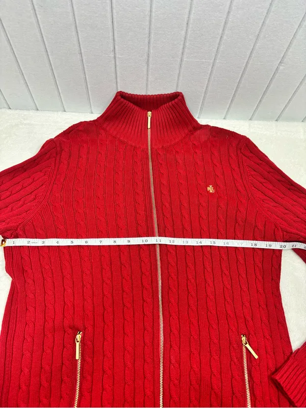 Ralph Lauren Y2K Red Cable-Knit Cotton Zip Cardigan with Gold Accents size L - Image 6