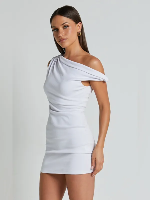 SHOWPO Clementine Ribbed Off The Shoulder Bodycon Mini Dress In White - Image 2