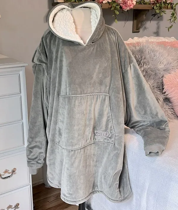 The Comfy Snuggie Pullover Blanket Gray Velvety Sherpa Robe Womens XS S M L XL - Image 4