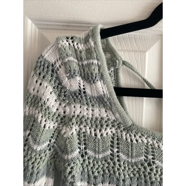 Aqua‎ Blues Pointelle Knit Striped Crop Sweater Womens Size M Sage Green Cotton - Image 2