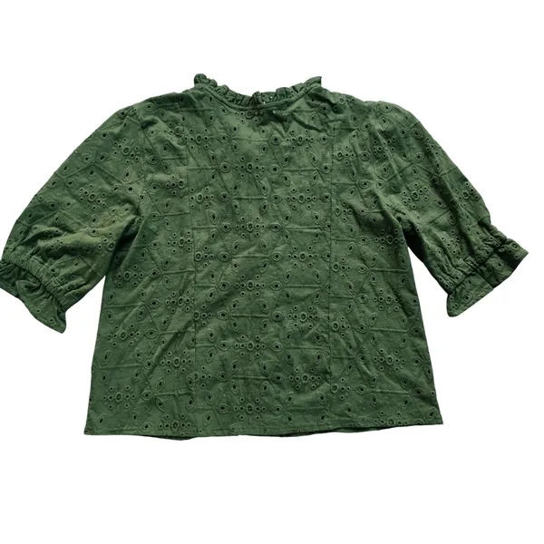 Unbranded 56R Olive‎ Green Eyelet Lace Ruffle Neck Puff Sleeve Cotton Blouse L - Image 3