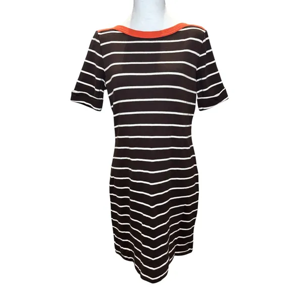 LAUREN Ralph Lauren Striped 100% Cotton Dress Large Brown White Orange‎ Trim - Image 2