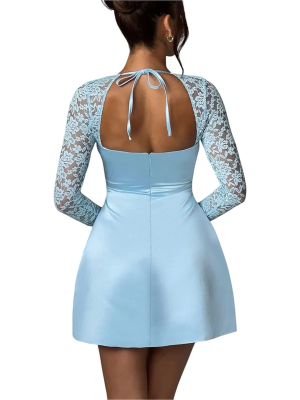 Babyboo Sadie Baby Blue Lace Sleeve Satin Mini Dress MEDIUM - Image 2
