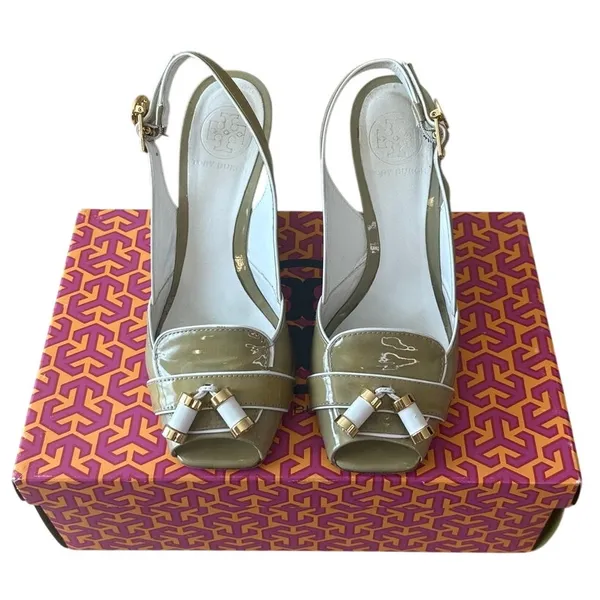 Tory Burch Ella Wedge‎ Slingback Peep Toe Patent Sandals 7 - Image 3