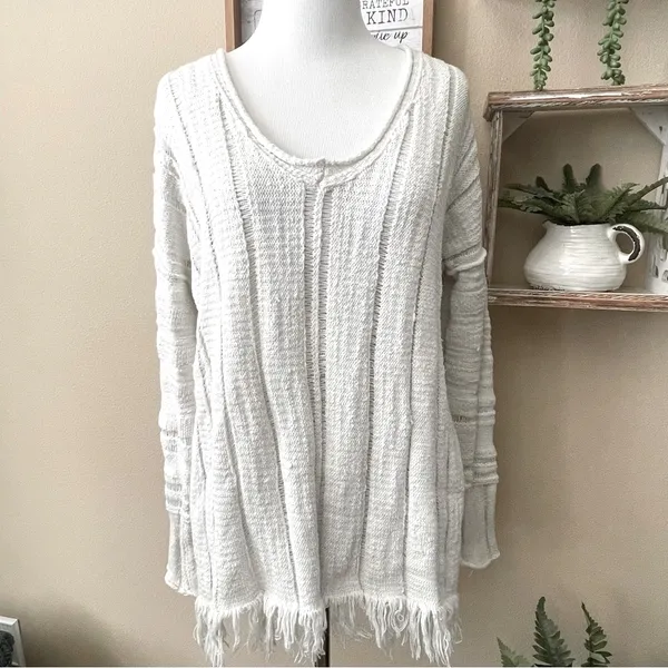 Free People Ocean Drive Ivory Distressed Pullover Sweater S - Image 4