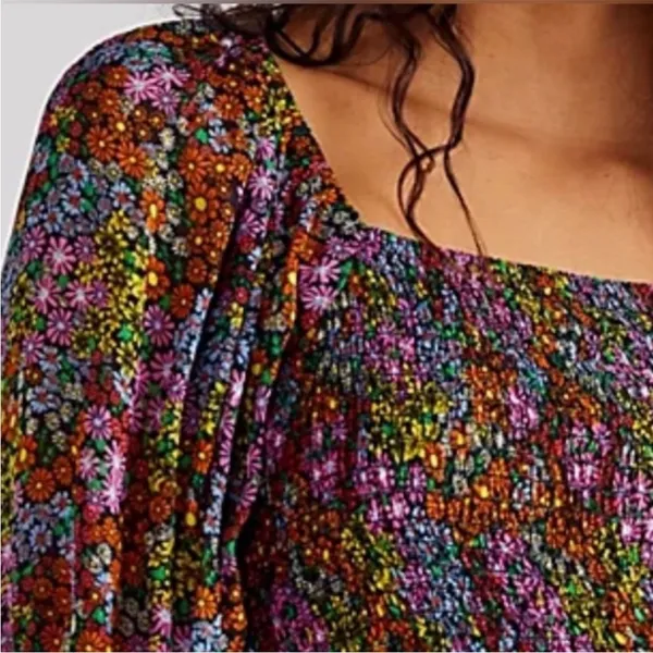 Free People Floral Smocked Crop Top XS Puff Sleeve Tie Back Blouse - Image 3