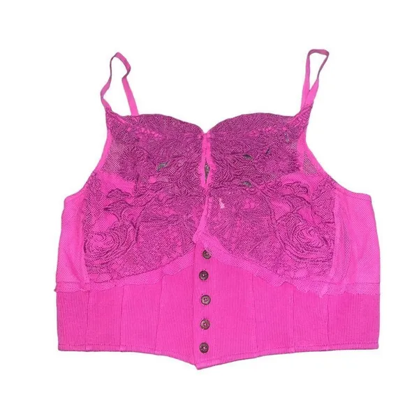 NWT Free‎ People Have My Heart Tank Top Womens XL Pink Lace Corset Crop Cami - Image 6