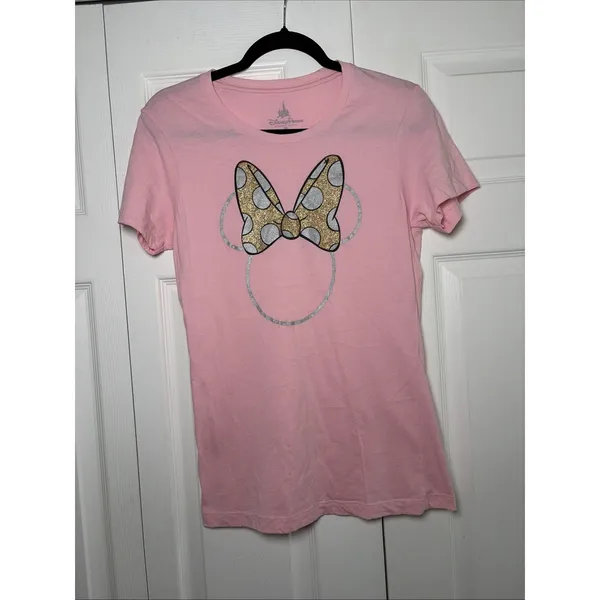 Disney Parks Minnie Mouse Graphic T Shirt Womens Size M Pink Glitter Bow Cotton - Image 2