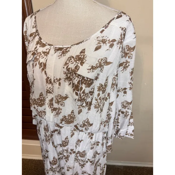 J. Gee Womens 2X Floral Midi Dress White Brown Elastic Waist Lined Cottagecore - Image 3