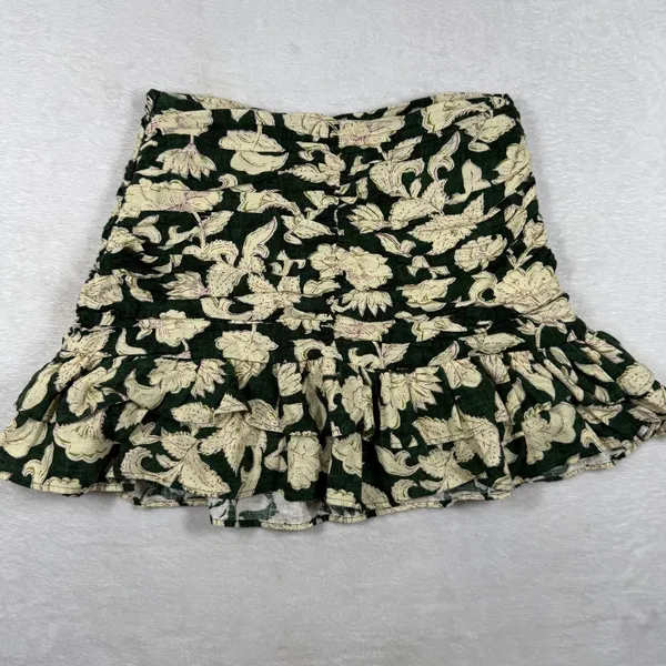 Zara Green Floral‎ Ruched Mini Skirt Tiered Ruffle Hem Linen Blend Size S - Image 10