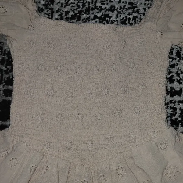 Bershka Size S Cream Tiered Ruffle Dress Eyelet Smocked Puff Sleeve - Image 9
