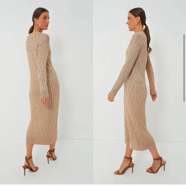Tuckernuck Gold Metallic Cable Knit Long Sleeve‎ Midi Dress size Medium - Image 3