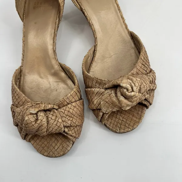 Stuart Weitzman tan snake-embossed leather D'Orsay kitten heels knotted vamp 6.5 - Image 6