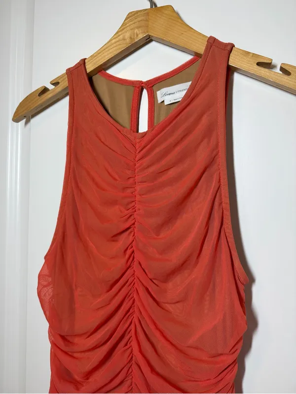 Lovers + Friends Ruched Sleeveless Midi Dress in Coral Red - Image 2