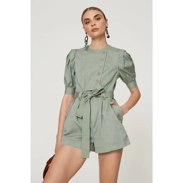 ULLA JOHNSON Sage Green 100% Cotton Short Sleeve Puffed Tied Carmine Romper sz 2 - Image 6