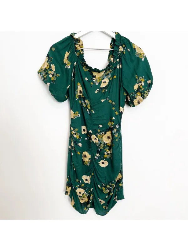 Urban Outfitters Dress Size 2 Green Floral Puff Sleeve Off Shoulder Mini Cottage - Image 3