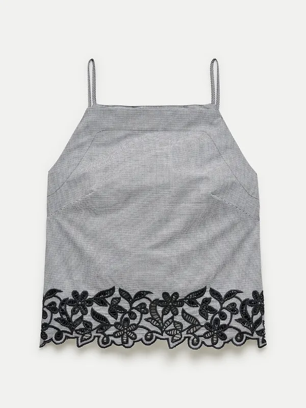 J.Crew Black & White Micro Gingham Floral Embroidered 100% Cotton Poplin Top 00 - Image 3