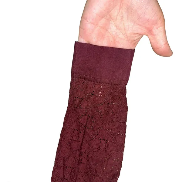LOFT Burgundy‎ Lace Button Up Blouse XS Sheer Long Sleeve Feminine Top - Image 3