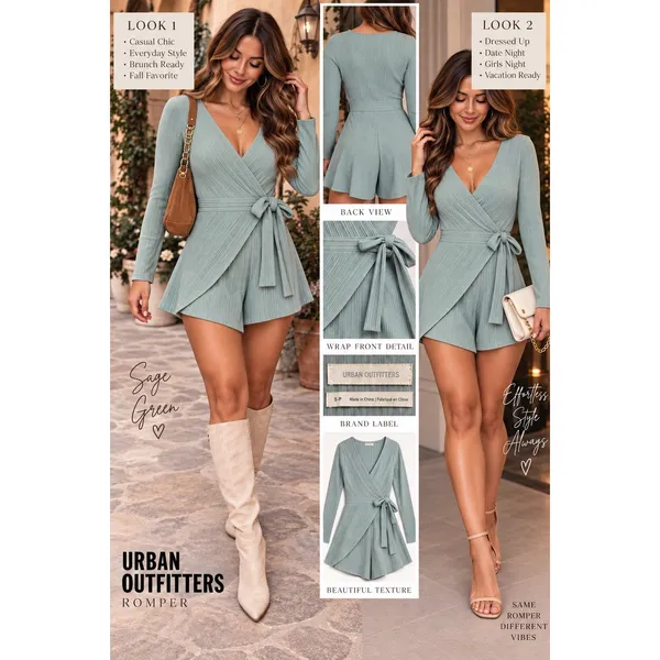 Urban Outfitters Ribbed Long Sleeve Wrap Romper Sage Green Small - Image 2