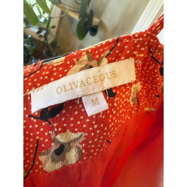 Olivacious Red Floral Polka Dot Smocked‎ Mini Dress Size Medium - Image 3