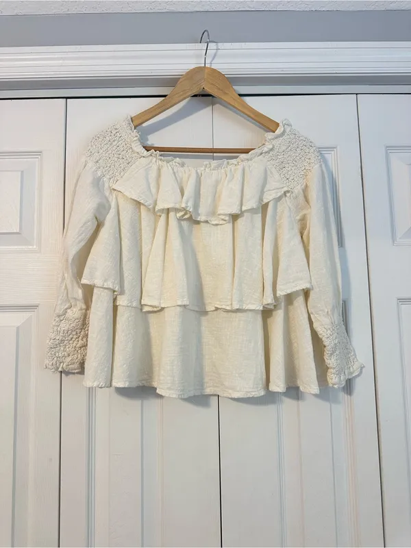 FOR THE REPUBLIC 100% Cotton Women’s Cream Ruffle Peasant Top, Small - Image 3