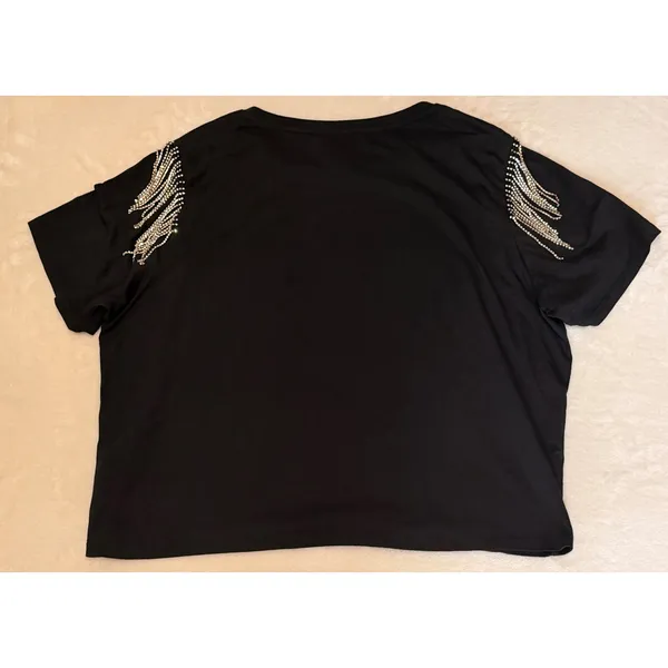 Joie Black Rhinestone Fringe Shoulder Cotton T-Shirt XL Short Sleeve Crop Top - Image 4