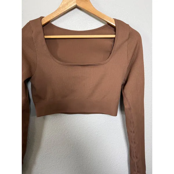 Brown Ribbed Seamless Long Sleeve Crop Top Square Neck Thumbhole‎ L - Image 6