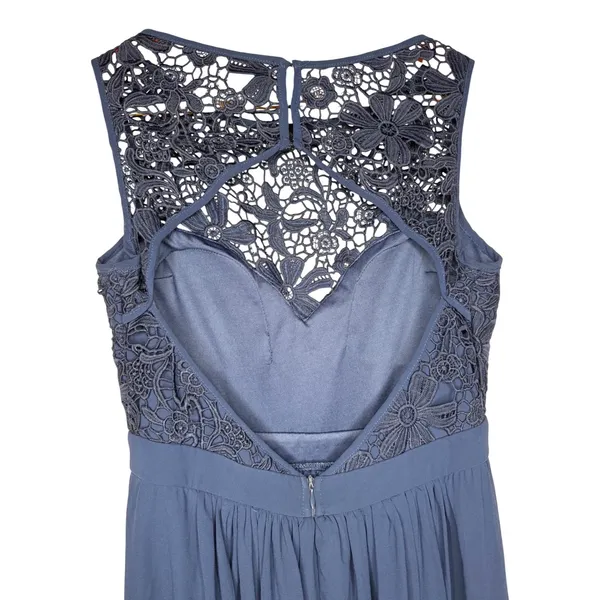 Lulus So Far Gown Navy Crochet Lace Open Back Chiffon Maxi Dress Sleeveless Sz M - Image 4