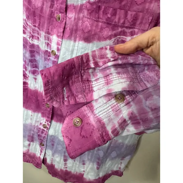 Pilcro Janesse Tie-Dye Button down‎ Shirt Sz M 100% Cotton Pink White Purple - Image 5