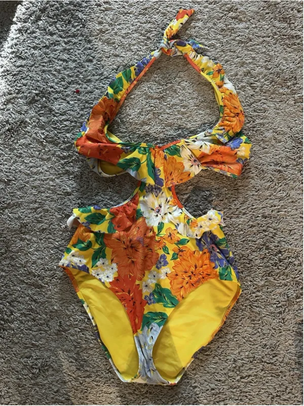 Aerie Yellow Floral Monokini Floral Ruffle Halter One Piece Swimsuit Large - Image 5