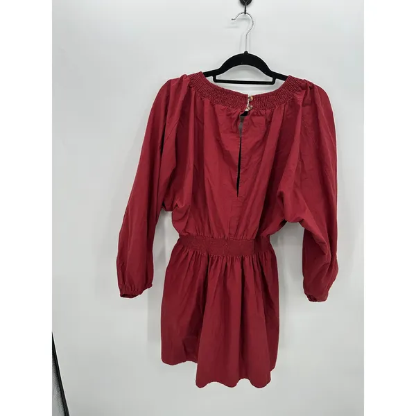 Cottagecore Red Smocked V-Neck Balloon Sleeve 100%‎ Cotton Mini Dress Sz L Boho - Image 2