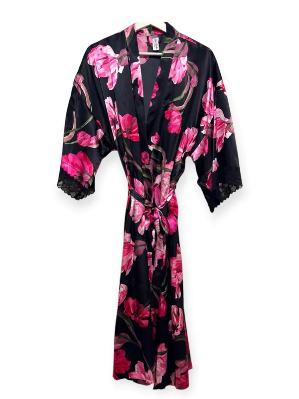 NWT Women's Lilac + London Floral Print Pink and Black Midi Wrap Robe L - Image 5