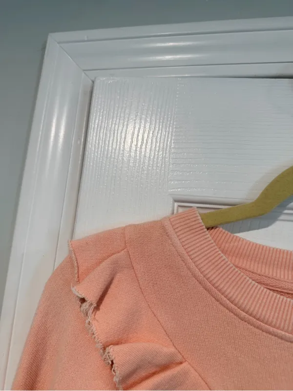 NWOT Free People Size XS Pink Ooh La Ruffle Yoke Long Sleeve Raw Hem Sweatshirt - Image 5