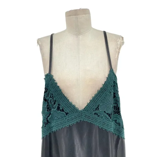 Zara Dress‎ Faux Leather Crochet Embroidered Slip Mini Black Green Size Large - Image 4