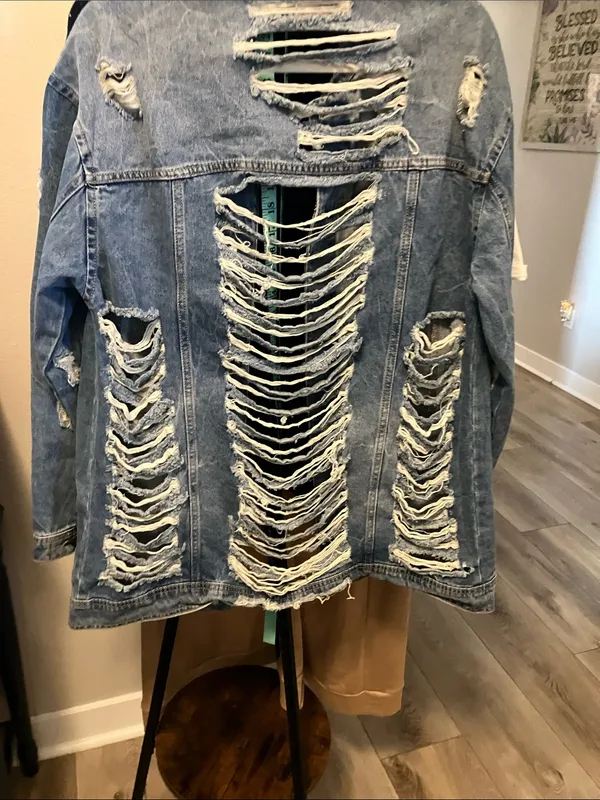 Cello Light Blue Distressed shredded Oversized Jean Jacket - Image 6