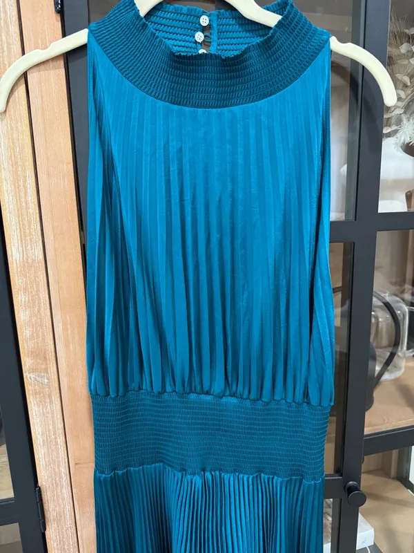 ALC Frank Renzo maxi dress Sleeveless Smocked Pleated teal satin high neck wedding - Image 8