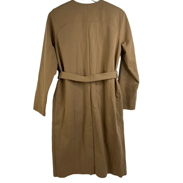 COS women’s Size 34 S Trench Coat Belted Jacket Khaki‎ Long Collarless Pockets - Image 2